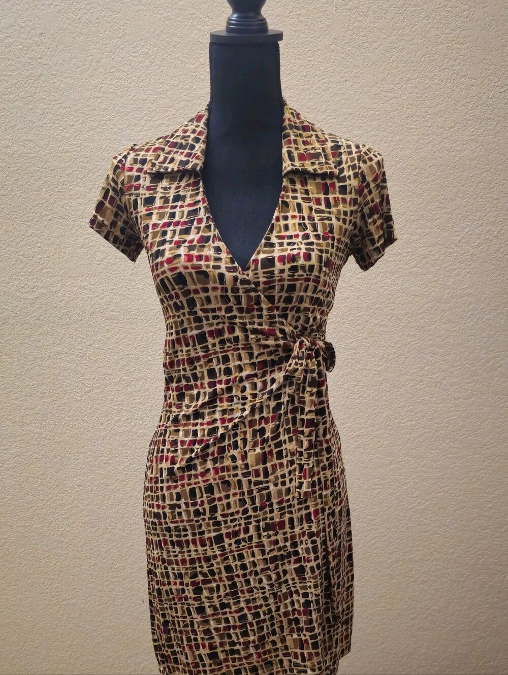 Geometric Print Wrap Midi Dress in Beige, Black and Burgundy